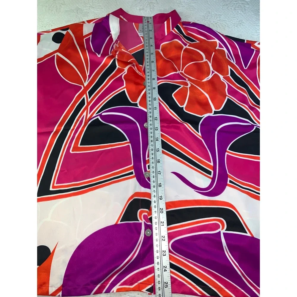 Natori Womens Pajama Set Pink Orange Abstract Floral Satin Button Top Pants S